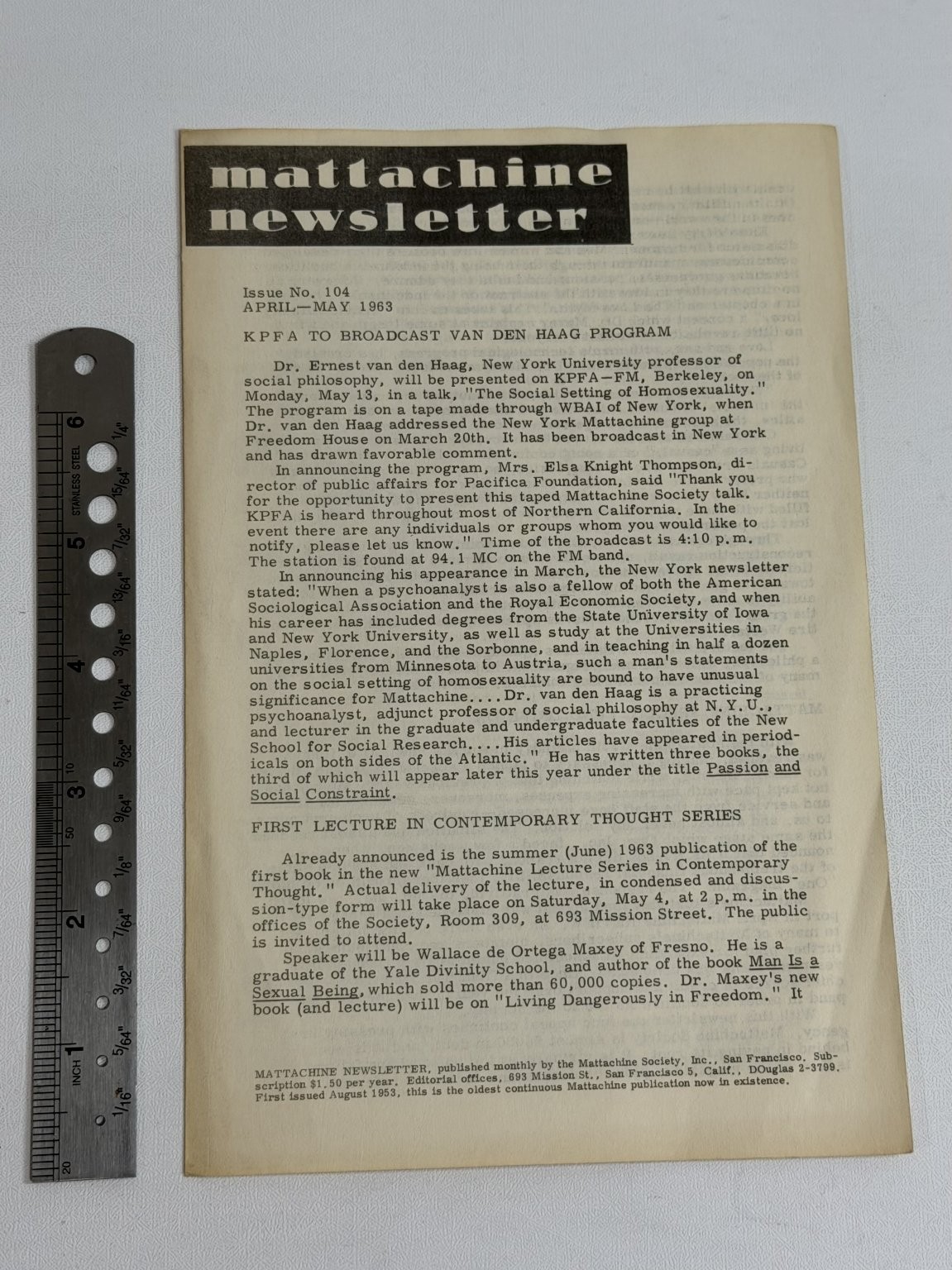 Mattachine Newsletter 104 April-May 1963 LGBTQ+ History Homosexuality