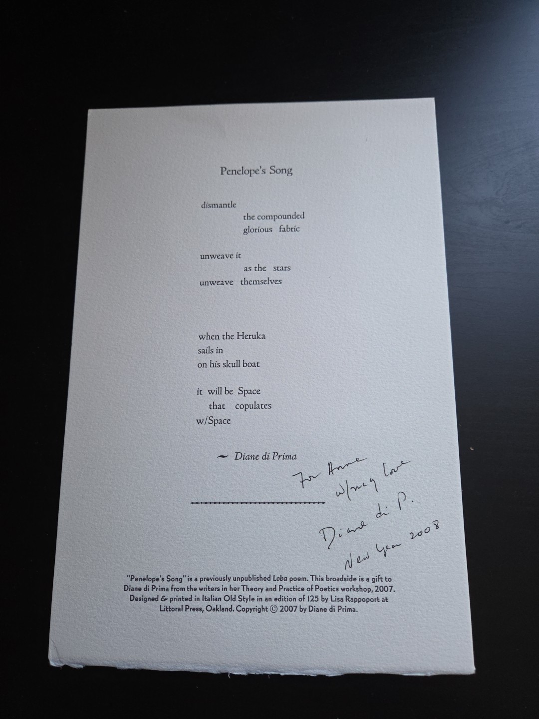 Diane di Prima Signed Broadside To Anne Waldman 2008 Ltd Ed 125