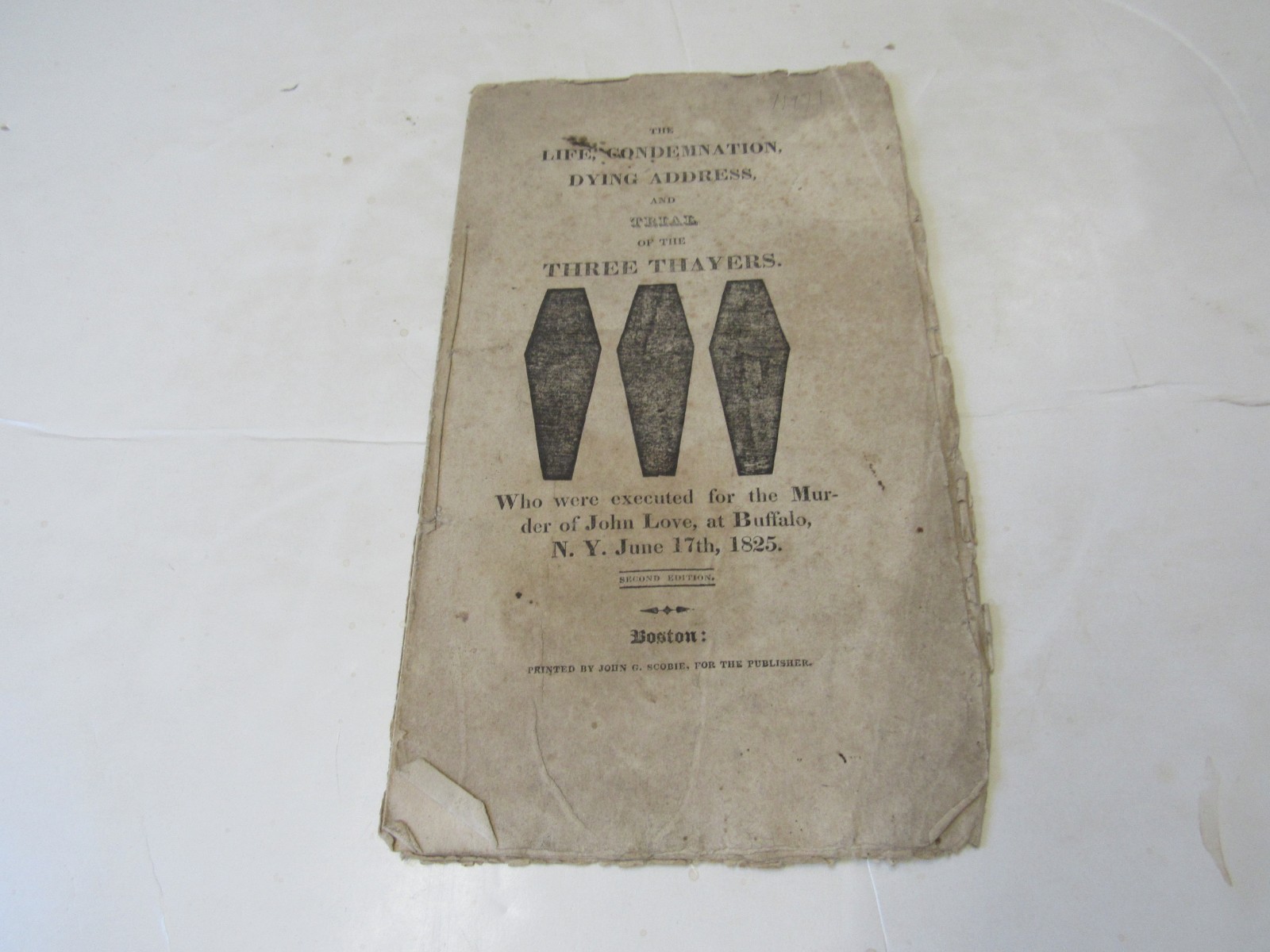1825 Life Condemnation & Dying Address Thayers, Executed for Murder Buffalo NY