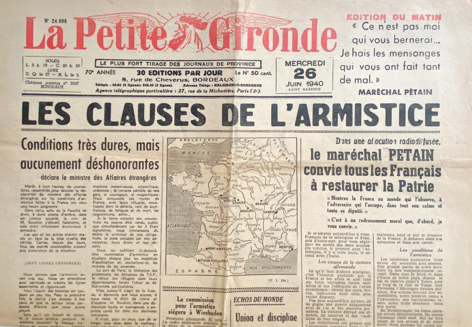 LA PETITE GIRONDE Du 26 June 1940 Les Clauses de l’Armistice Pétain VOUS Parle
