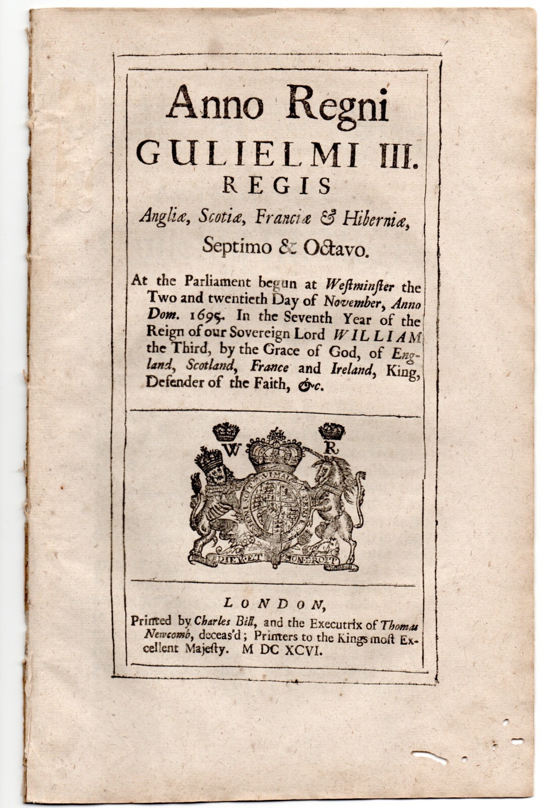 1696 Pamphlet from London Parliament for better security for the King