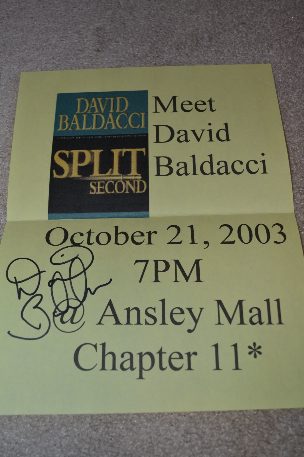 SIGNED DAVID BALDACCI, SPLIT SECOND, 2003, 1/1, VF