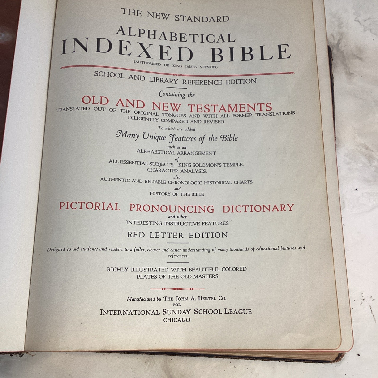 1936 The John A. Hertel Co. Leather Indexed Illustrated Red Letter Bible Chicago