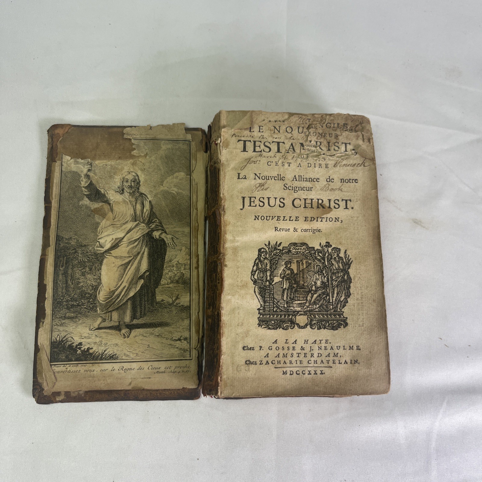 French New Testament 1730 Antique Leather Bound Book A La Haye Hague