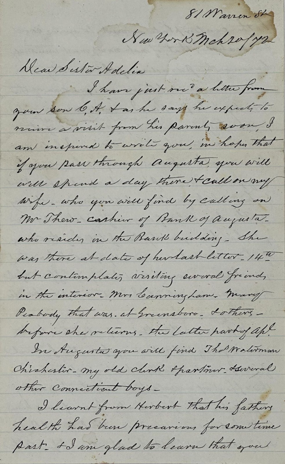 H W RISLEY / Recommending visit to an old business partner in Augusta Georgia