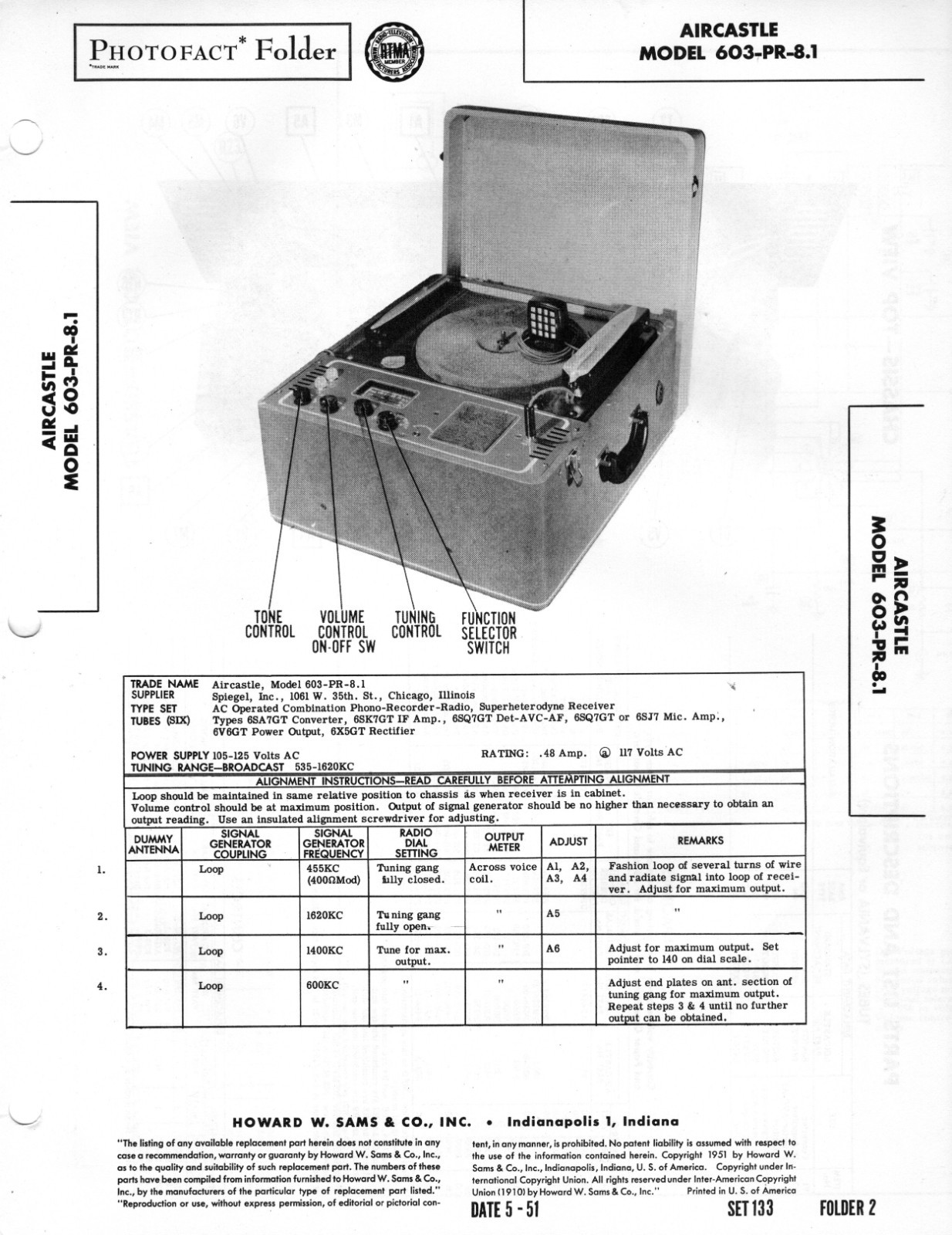 Aircastle – Model 603-PR-8.1 – Phono-Radio – Original Service Manual – 1951