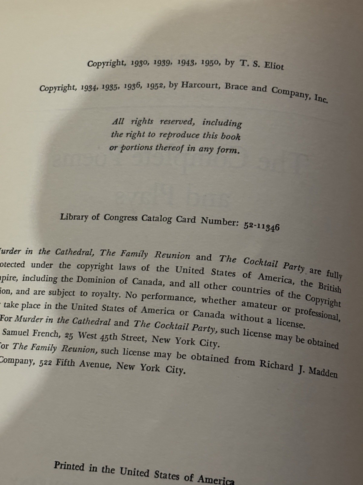 T.S. Eliot The Complete Plays ~ Harcourt, Brace, & World ~ First Edition