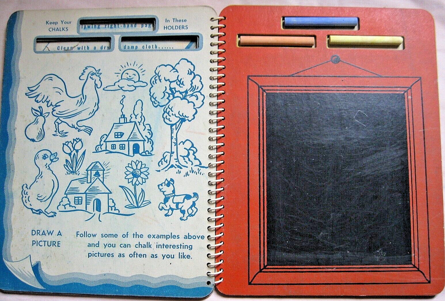 1946 Activity Book Educational „CHALK-A-BOOK“, Spiral Binding to lay flat