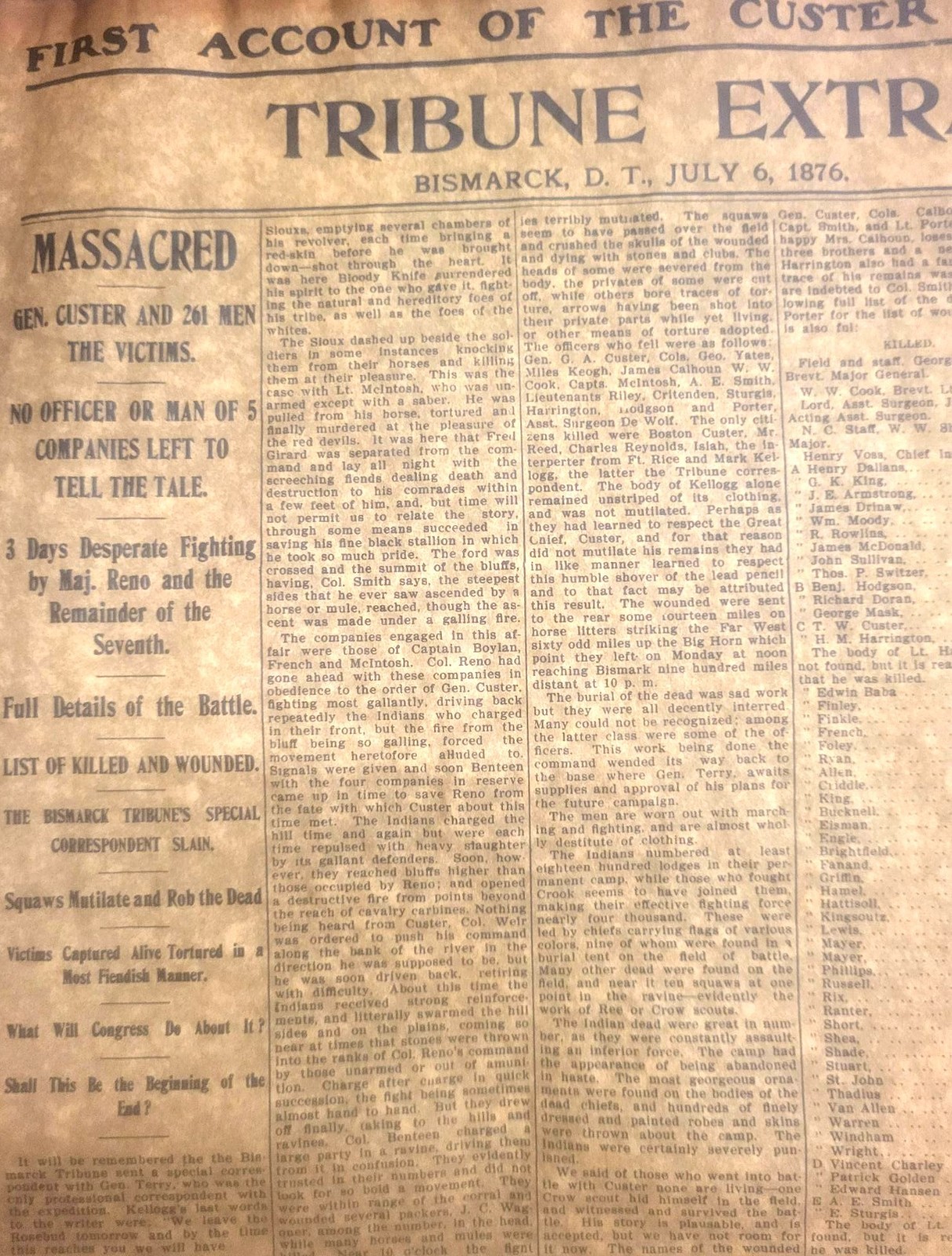 Reproduction Of The July 6 1876 Tribune Extra- First Account of Custer Massacre