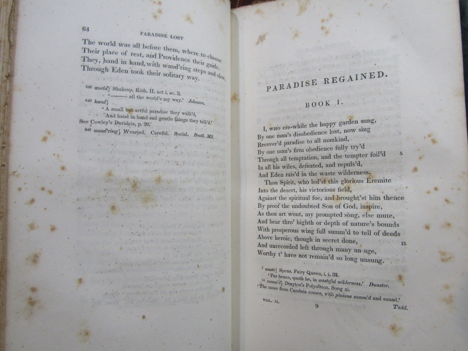 1838 POETICAL WORKS OF JOHN MILTON VOL II ONLY Greensborough Bookplate
