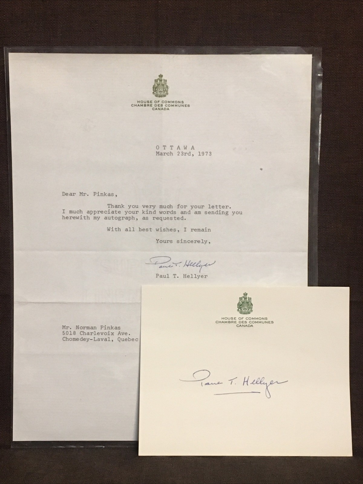 1973 Canada House Of Commons Paul T. Hellyer Signed Letter UFO’s Ancient Aliens