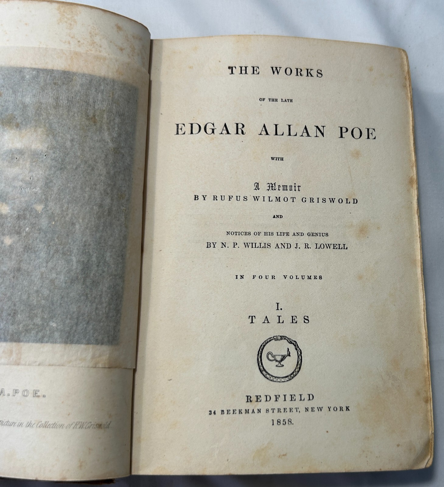 1858 Edgar Allan Poe Collection ~ Tales ~ Striking Frontispiece Engraving of Poe