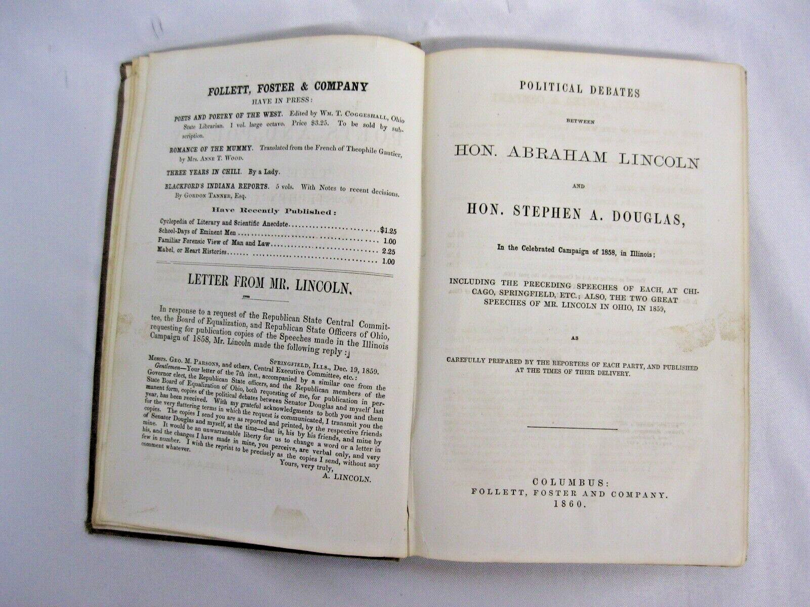 Political Debates Between Abraham Lincoln Stephen Douglas 1860 Rare Antique Book