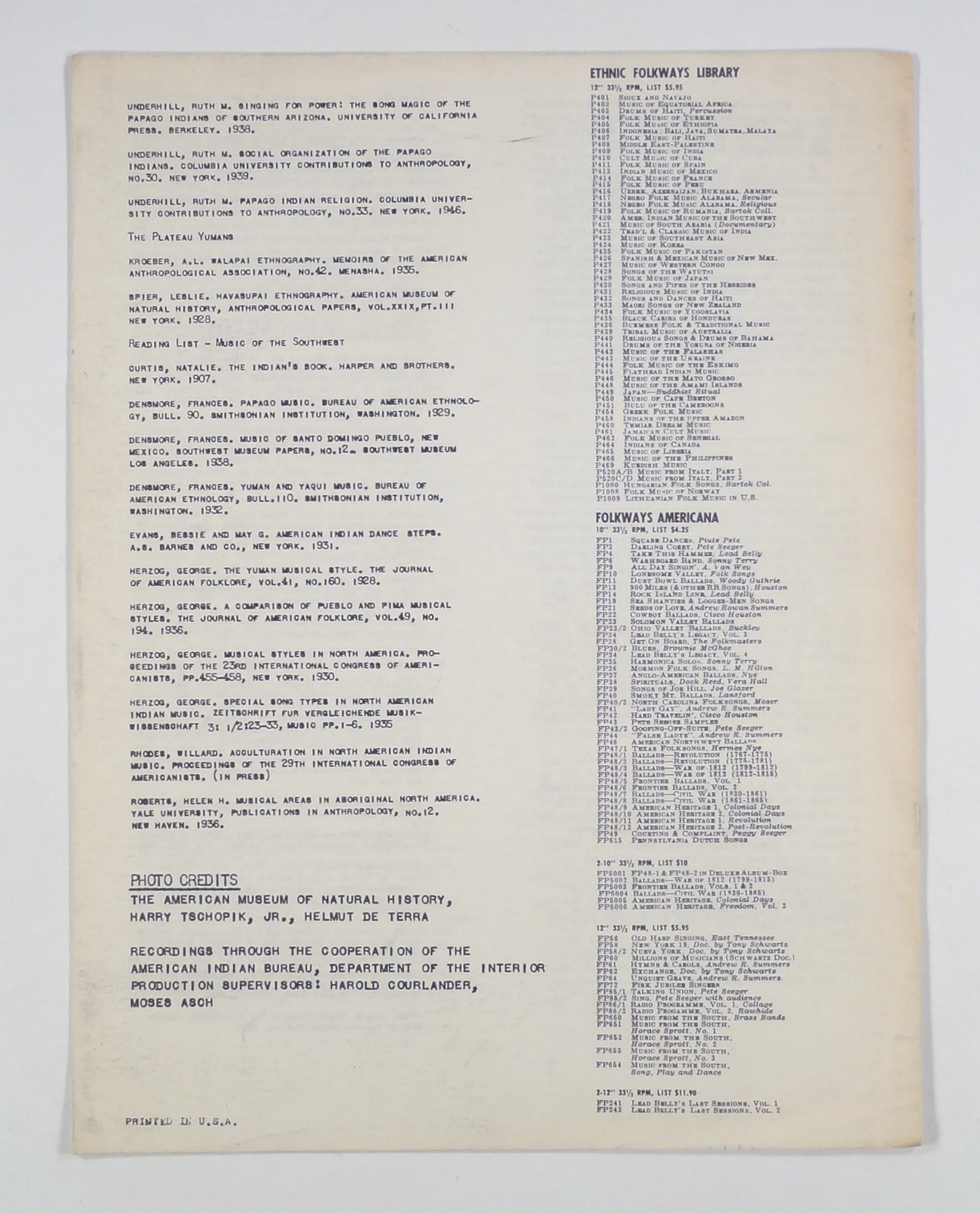 1951 MUSIC OF THE AMERICAN INDIANS: SOUTHWEST Ethnic Folkways Library #FE4420