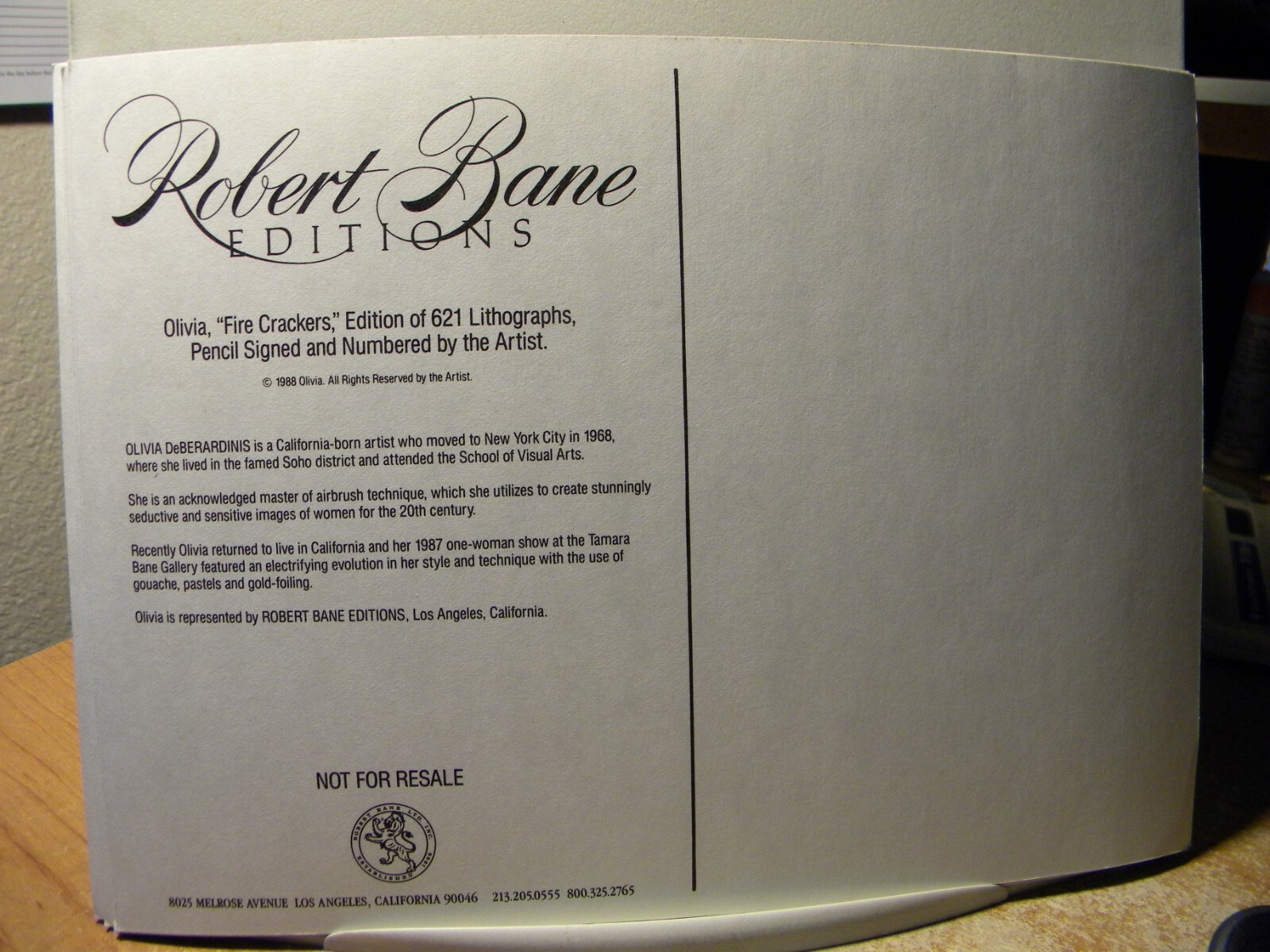 Robert Bane Publishing inc. 6 3/4 x 9 Olivia FIRE CRACKERS PRINT 1988