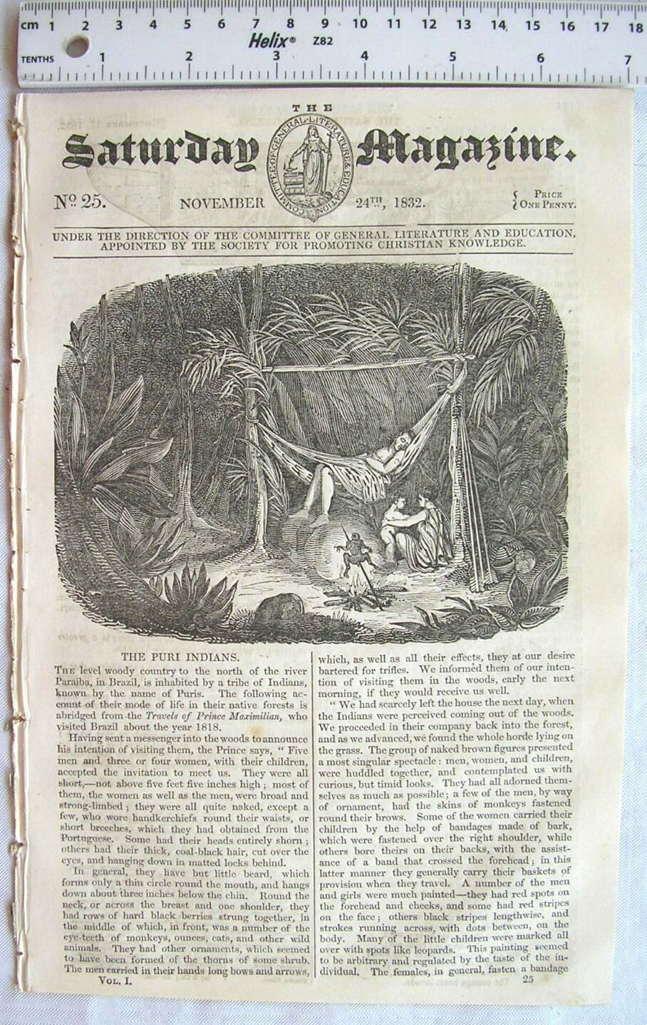 1832 The Saturday Magazine No. 25 Puri Indians, Egypt, Bible, Wm. Collins, etc.