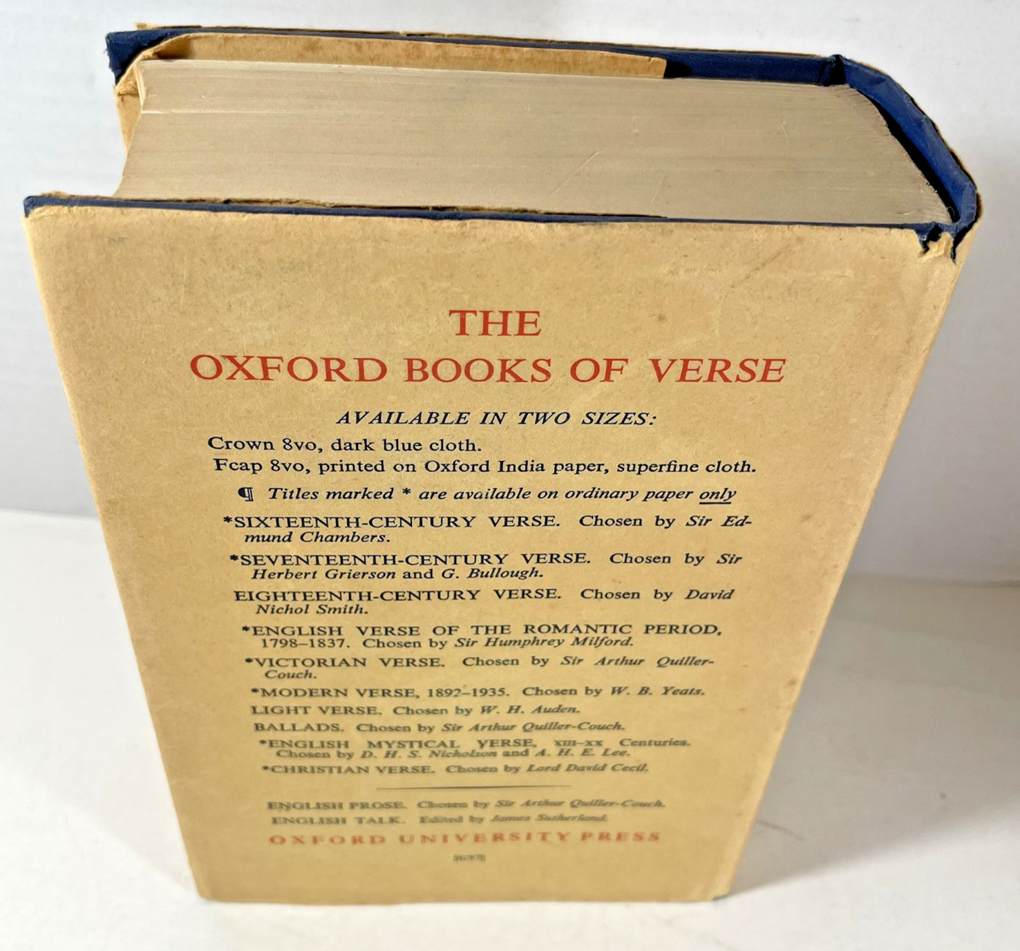 Oxford Book of English Verse 1250-1918 Arthur Quiller-Couch 1957 HB/DJ 1166 Pgs