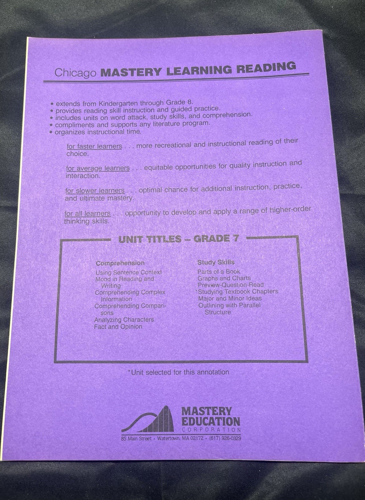 Chicago Mastery Learning Reading Sample Unit Grade 7 Study Skills