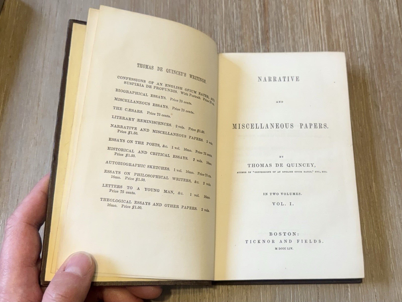 Narrative & Misc. Papers by Thomas De Quincey 1854 HC / 2 Volume Antique Set