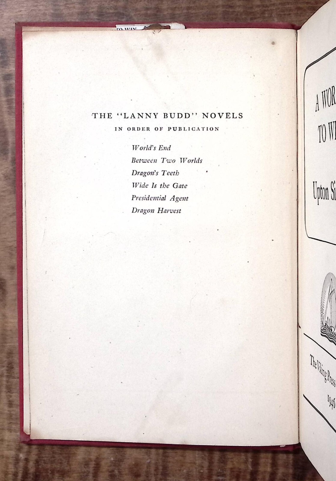 1946 UPTON SINCLAIR A WORLD TO WIN THE VIKING PRESS HARDCOVER B405