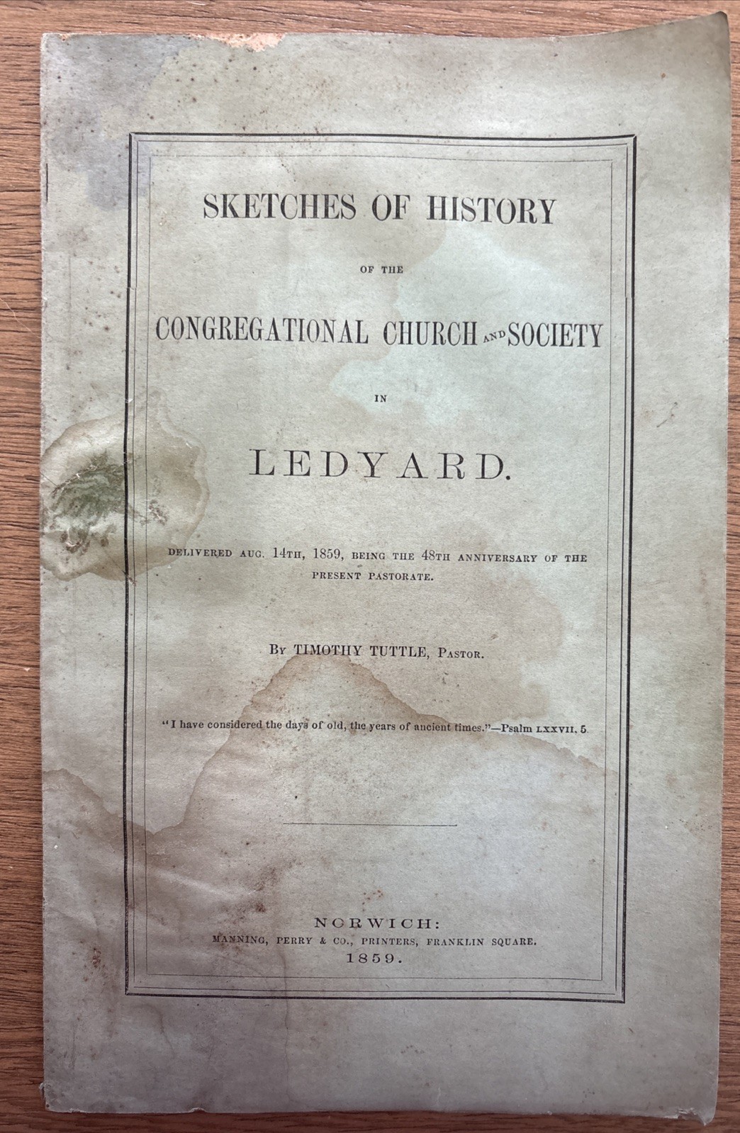 1859 Sketches of History Congregational Church in Ledyard Connecticut- Tuttle