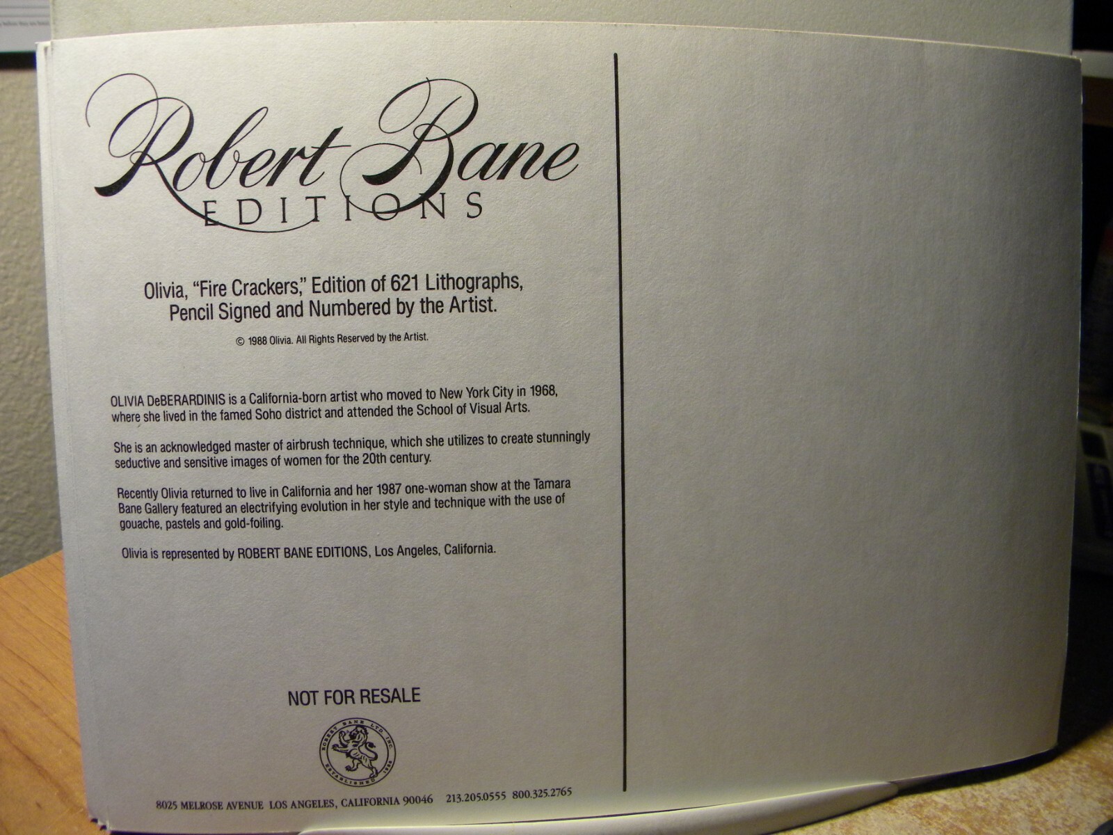Robert Bane Publishing inc. 6 3/4 x 9 Olivia FIRE CRACKERS PRINT 1988