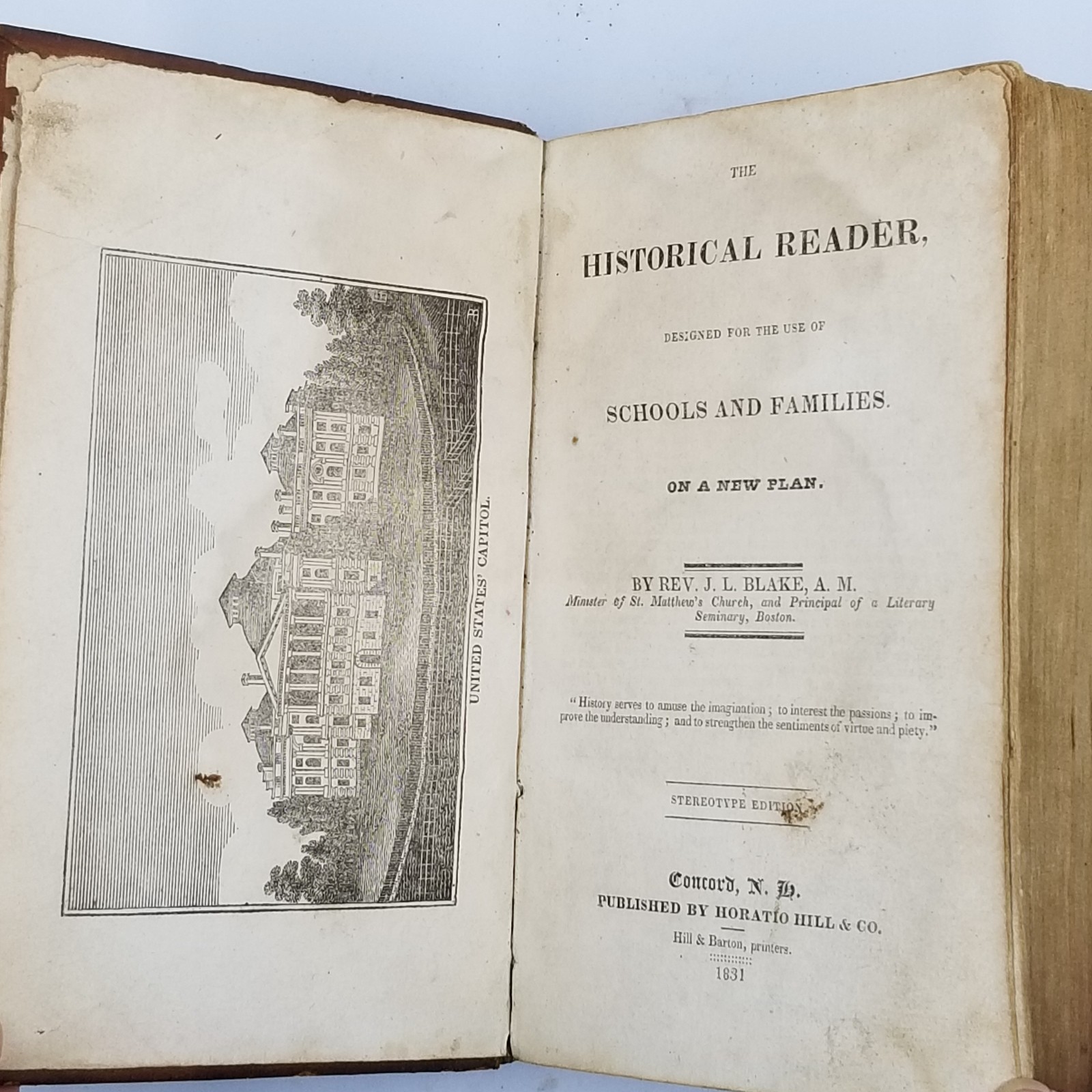 Historical Reader by Rev. J. L. Blake – 1831 Horatio Hill – 2nd Printing Leather