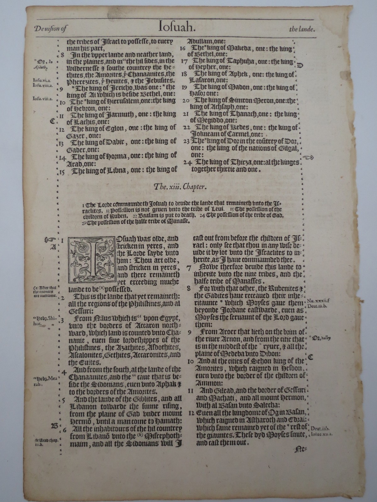 BISHOP’S BIBLE LEAF – IOSUAH – FROM THE ORIGINAL FOLIO OF THE FIRST EDITION 1568