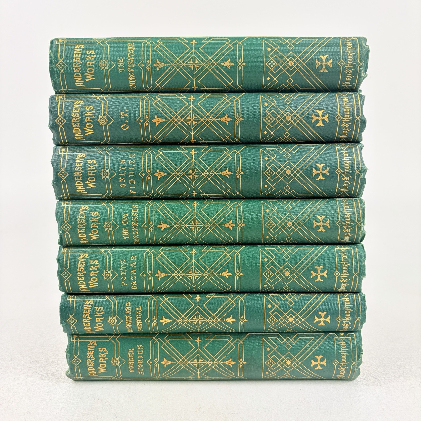 Antique Hans Christian Andersen Works Hurd & Houghton Set Of 7 Green Gilt 1870