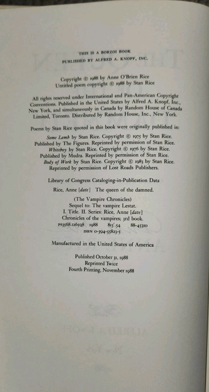 The Queen of The Damned Anne Rice Autographed Signed 1st Ed Hardcover Book