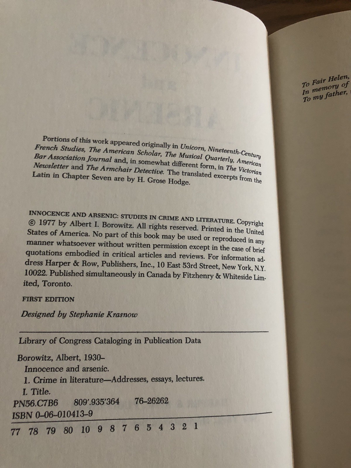 Albert BOROWITZ / Innocence & Arsenic Studies in Crime & Literature 1977 1st/1st