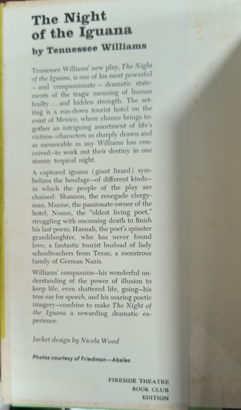 The Night of the Iguana Tennessee Williams 1961 Book Club Edition