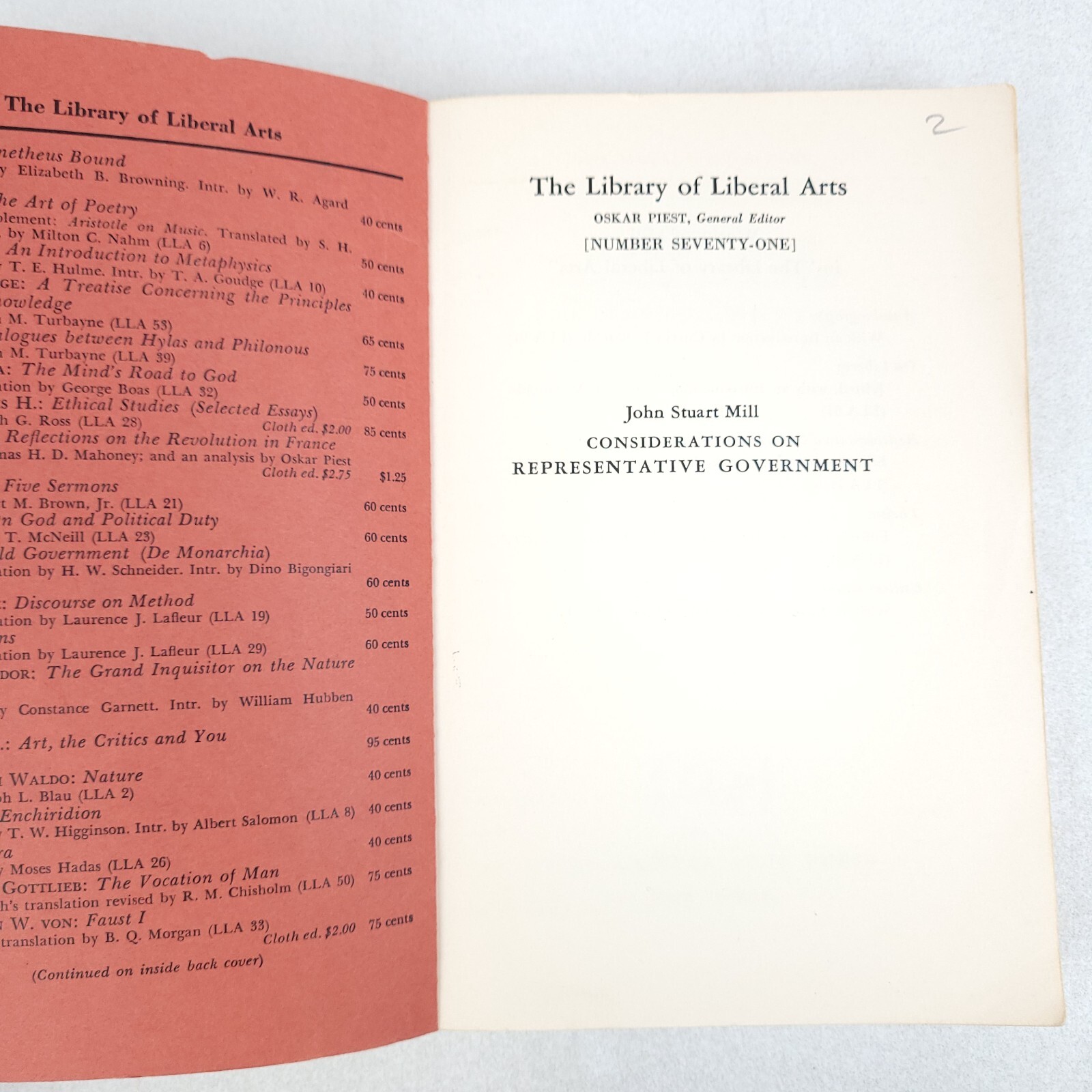Considerations on Representative Government by John Stuart Mill 1958 Edition