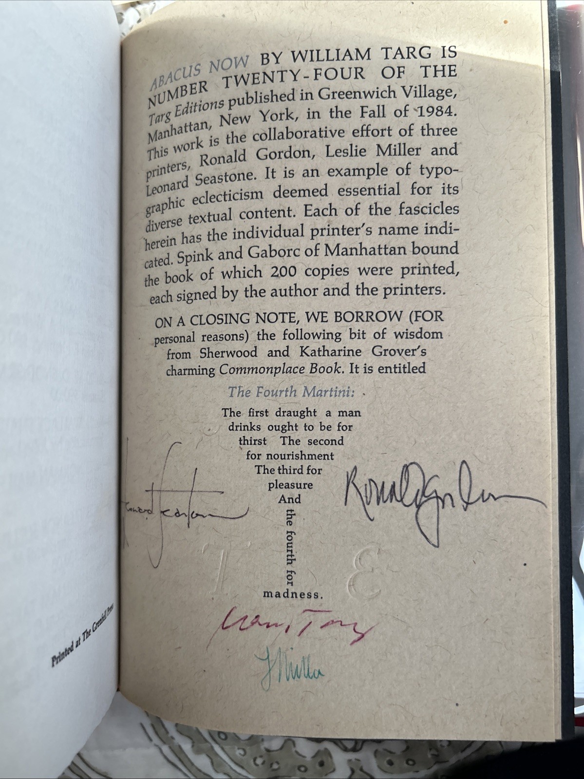 Targ, William. Abacus Now: Footnotes to Indecent Pleasures. Signed, Limited Ed
