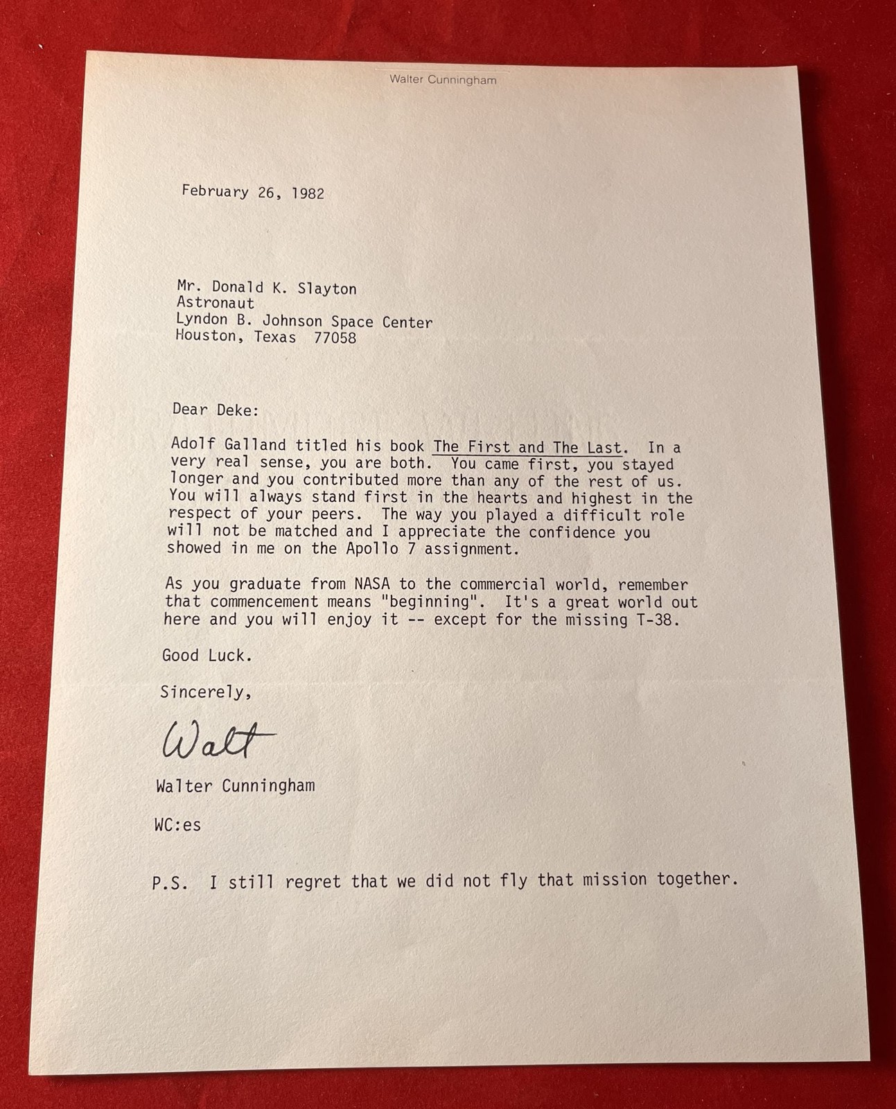 Walter CUNNINGHAM / February 26 1982 Typed Letter Signed RE Personal