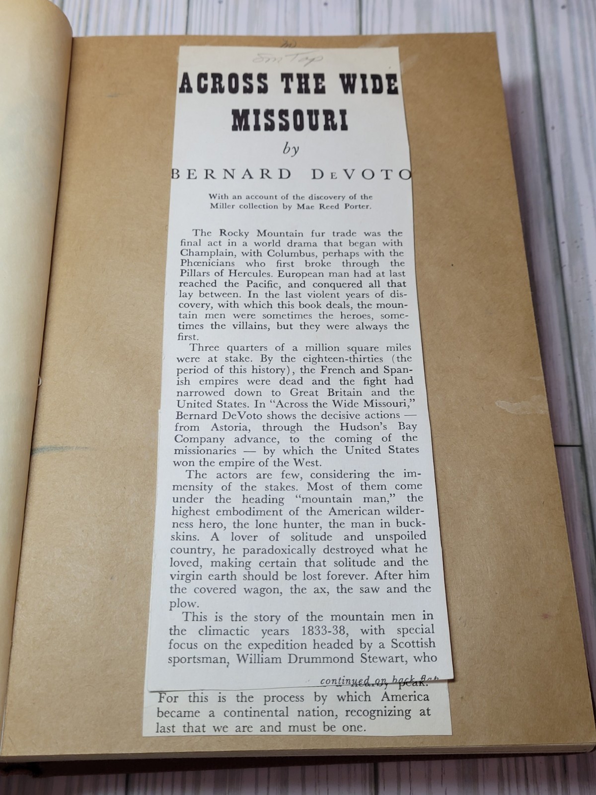 Across the Wide Missouri Bernard DeVoto Houghton Mifflin 1947 Fur Trade