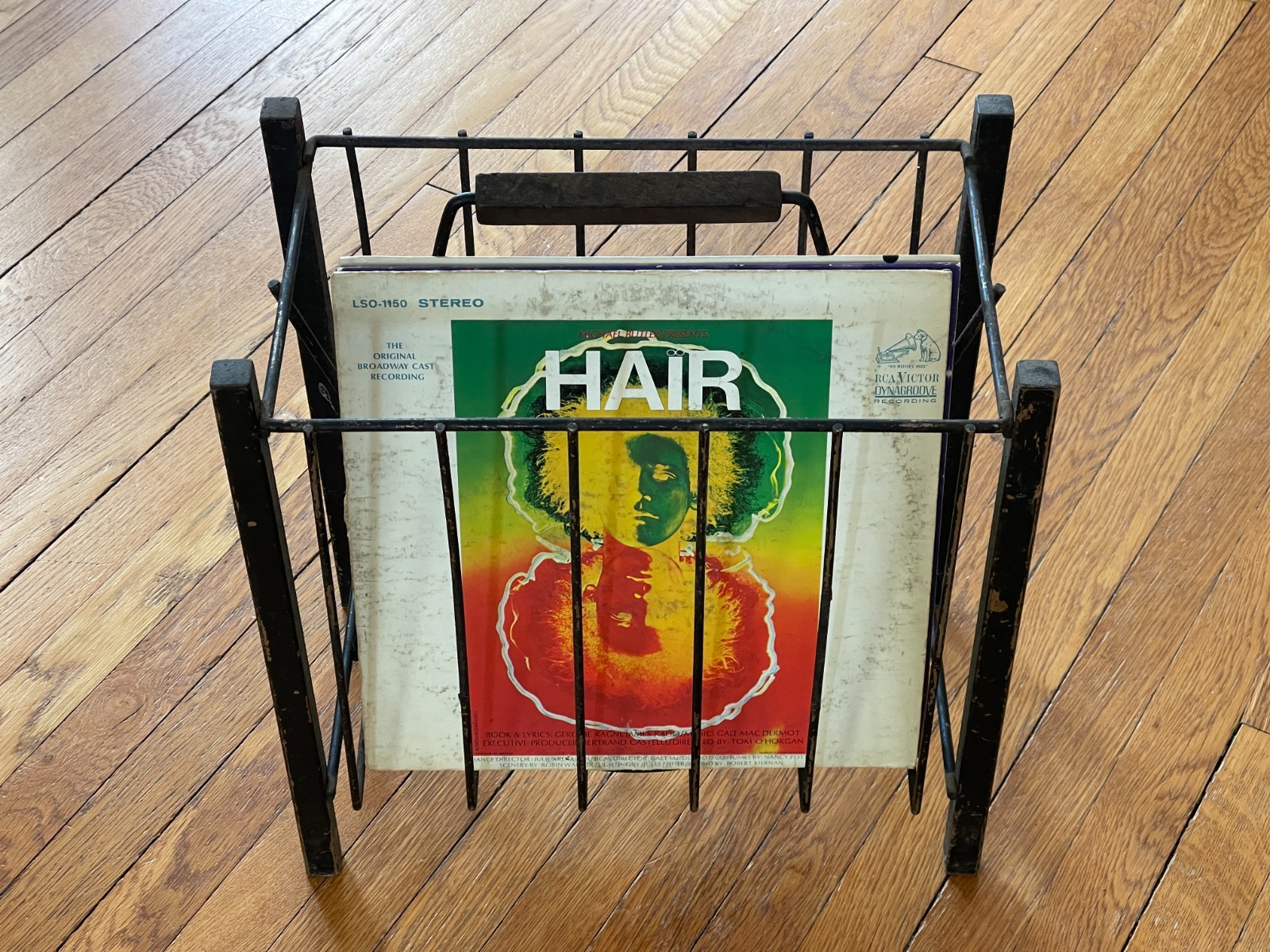 Early MCM Wrought Iron Metal Black Industrial Magazine Rack Vinyl Record Holder
