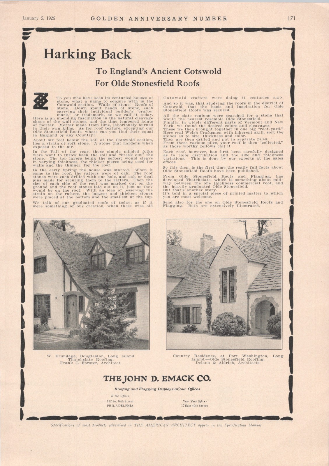 1926 Ad John D Emack Co * Cotswold Stonesfield * Frank Forster Delano & Aldrich