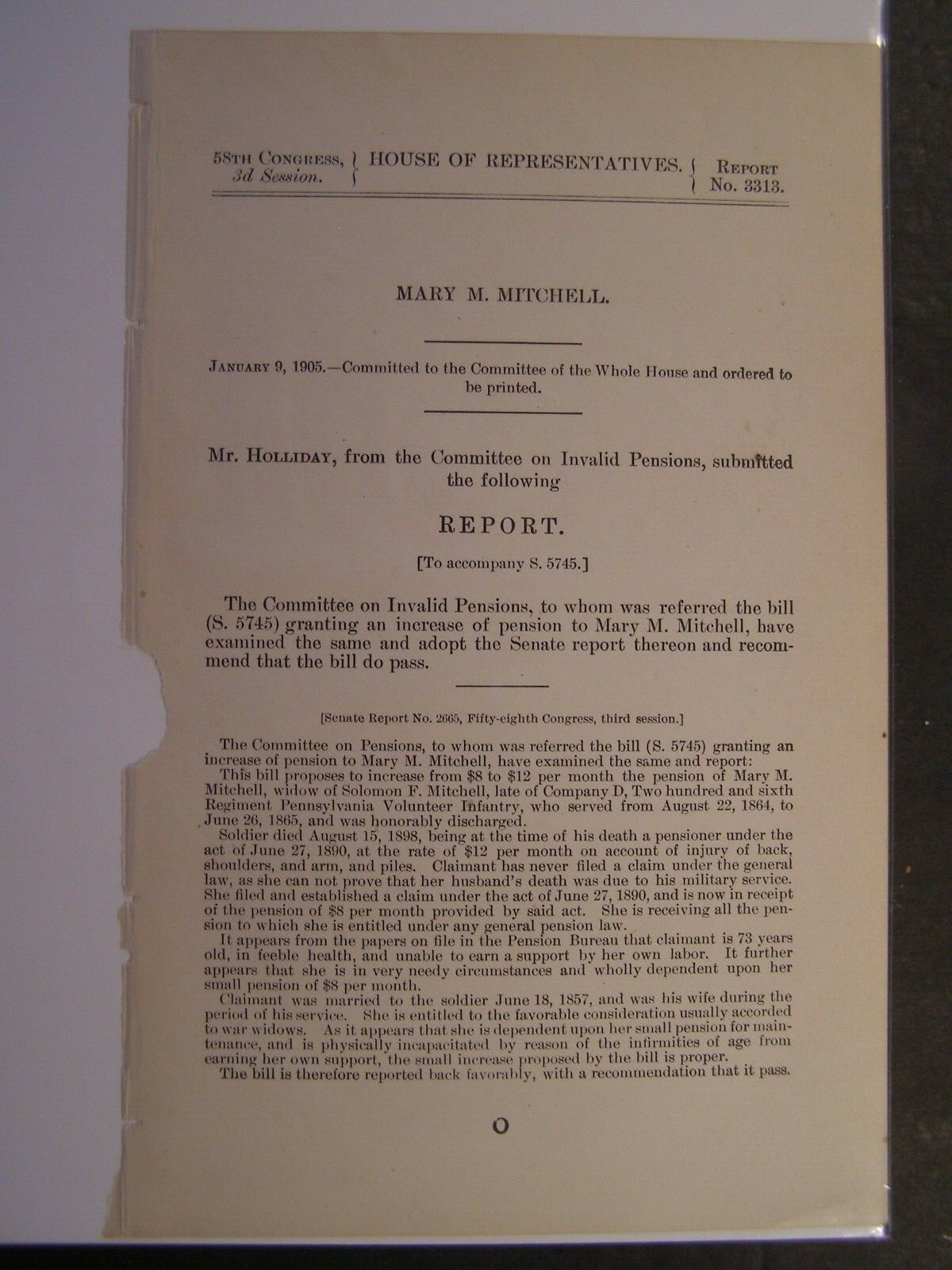 Government Report 1905 Solomon F Mitchell Co D 206th PA Vol Infantry Civil War