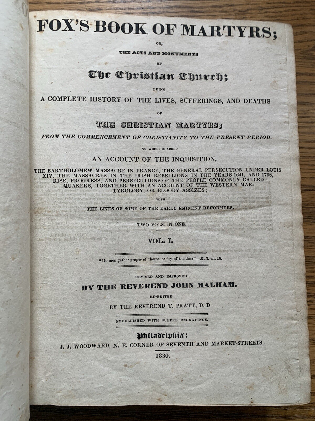 Foxe’s Book of Martyrs Vol I By Rev John Malhan 1830 J J Woodward Very Rare Book