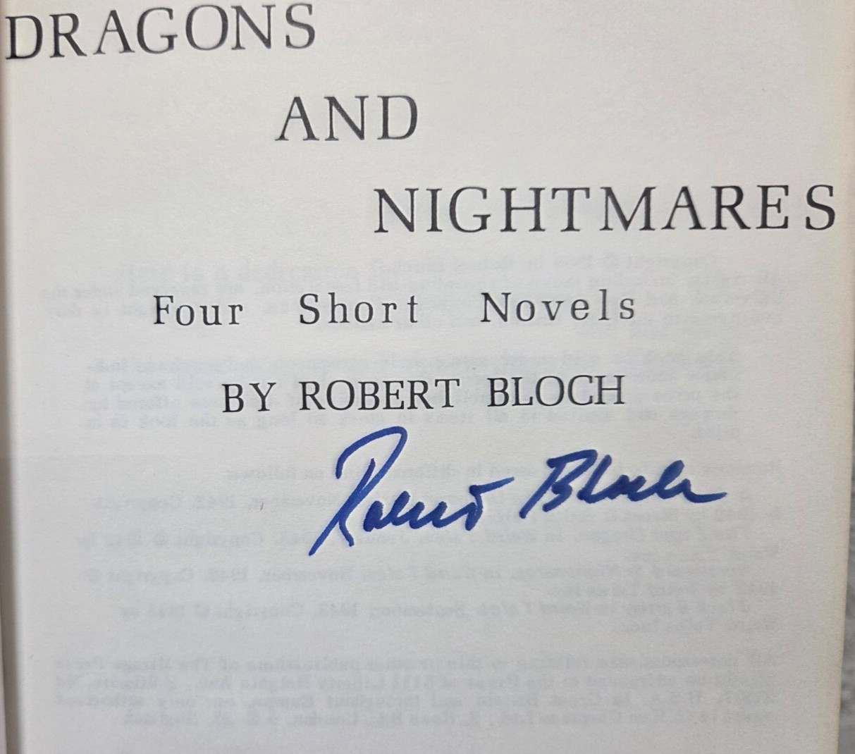 SIGNED Robert Bloch Dragons And Nightmares Hardcover Book 1969 1st Ed Voyager