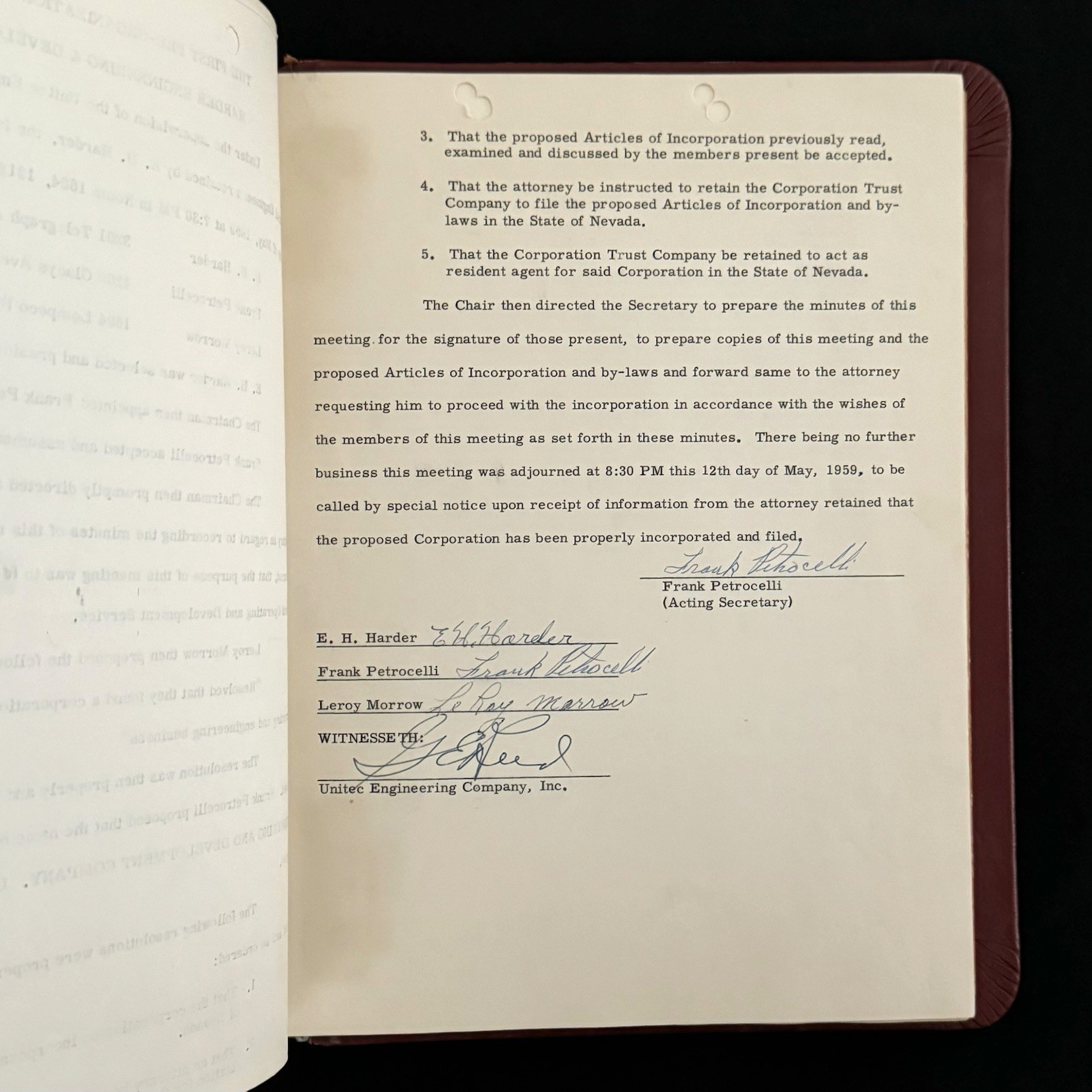1959. Harder Engineering Minute Book, Nevada Corporation Oakland California Rare