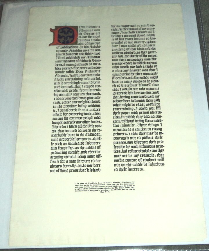 CUNEO PRESS ILLUMINATED BROADSIDE FOR 1940 NY WORLD’S FAIR – BENJAMIN FRANKLIN