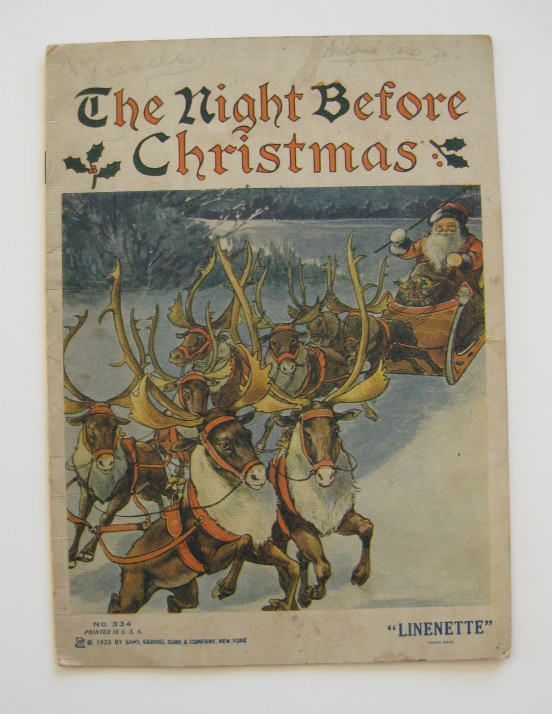 Vtg 1920 The Night Before Christmas Illustrated Linenette Book Sam’l Gabriel Son