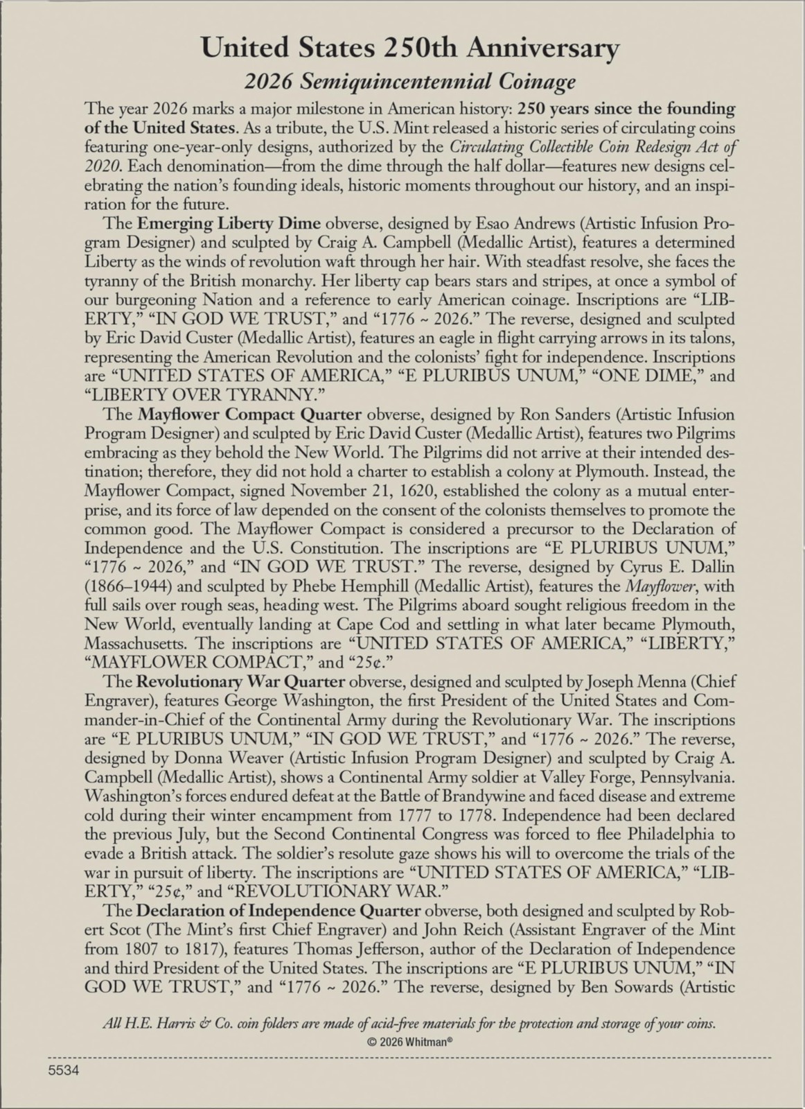 H.E. Harris® Coin Folder – United States 250th Anniversary Collection: 2026