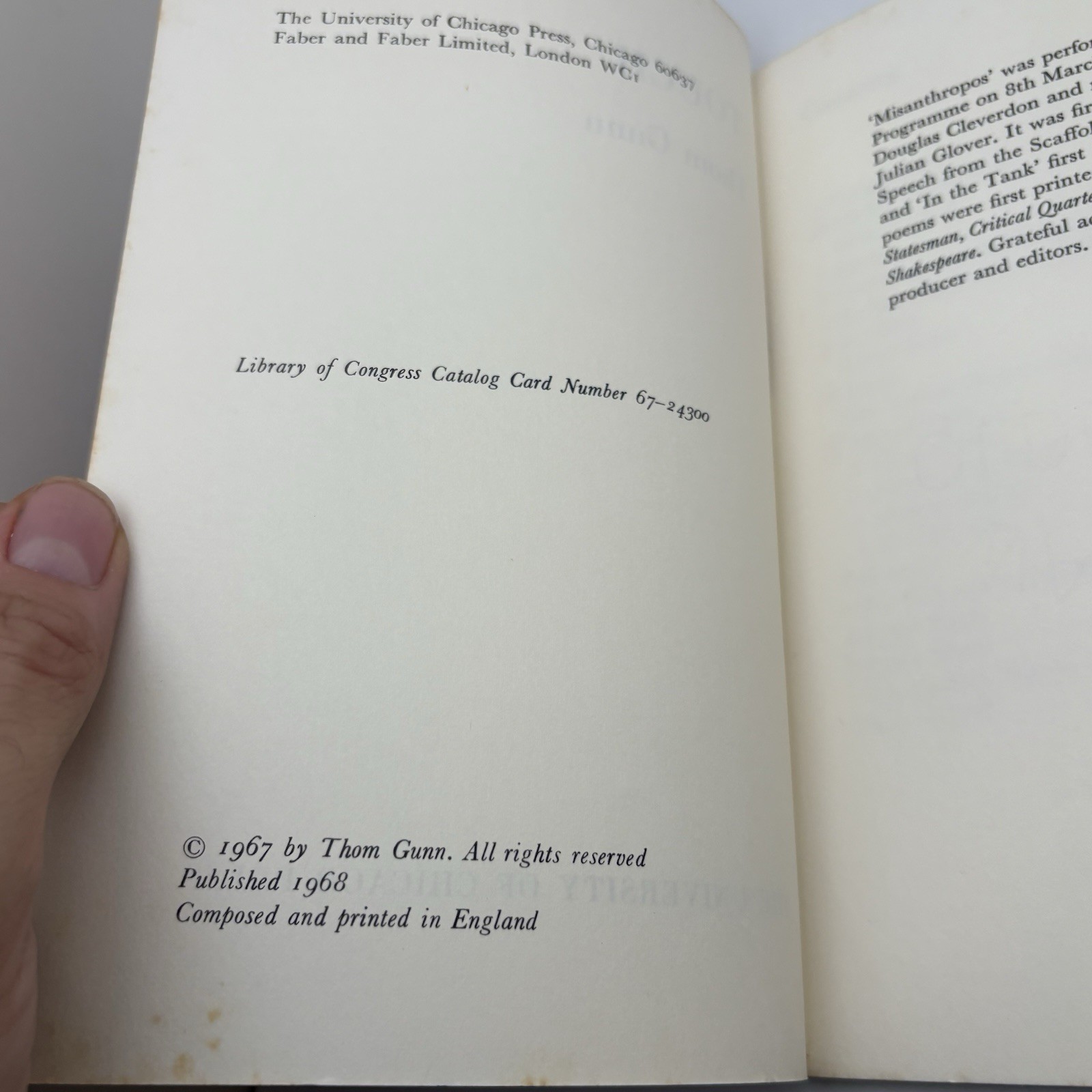 Touch Thom Gunn 1968 Univ Chicago Press PB Rare Hands Cover Poetry