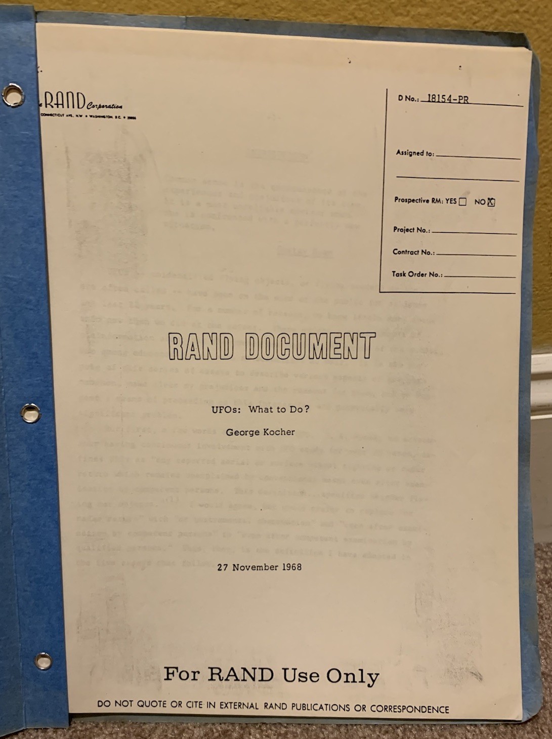 RAND DOCUMENT UFOS WHAT TO DO RARE 1968 SPACE ALIEN PUBLICATION GEORGE KOCHER