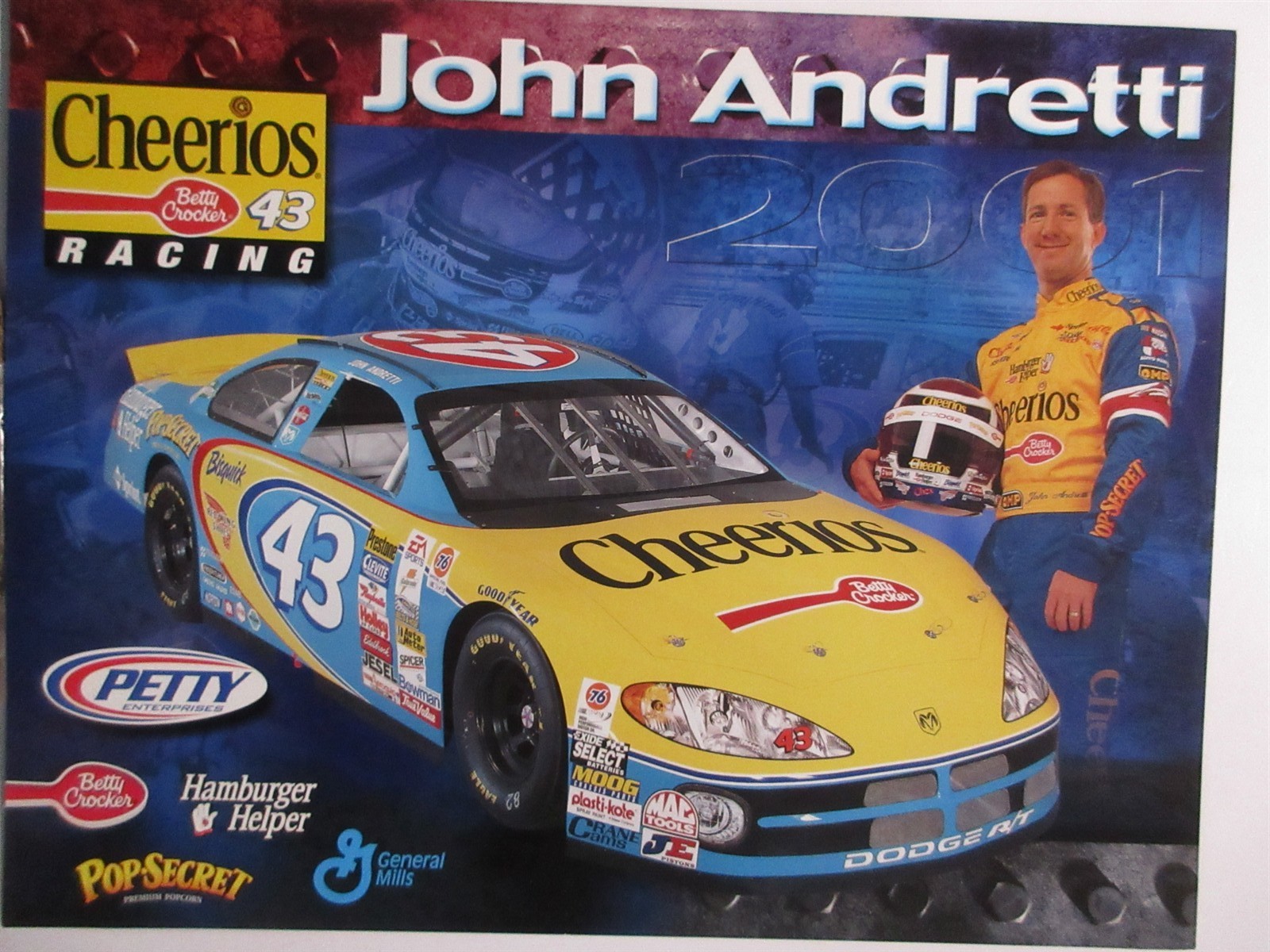 2001 John Andretti Petty #43 Cheerios Racing Team 8.5×11 Promotional Info Card