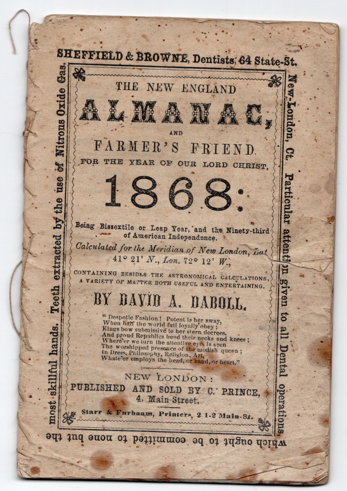 1868 Original The New England Almanac and Farmer’s Friend New London CT Daboll