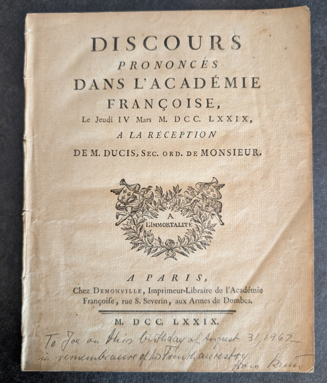 Jean Francois Ducis 1779 Speech Replaces and Honors Voltaire at French Academy